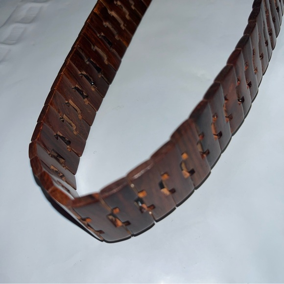WOODEN brown hinged vintage 1970s Belt 38”long wooden Hook Buckle Glazed unisex - Picture 12 of 15